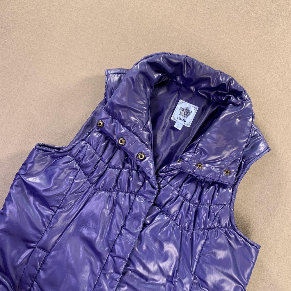 IZOD Vest Womens Large Purple Quilted Puffer Shiny Taffeta Full Zip‎ Collar